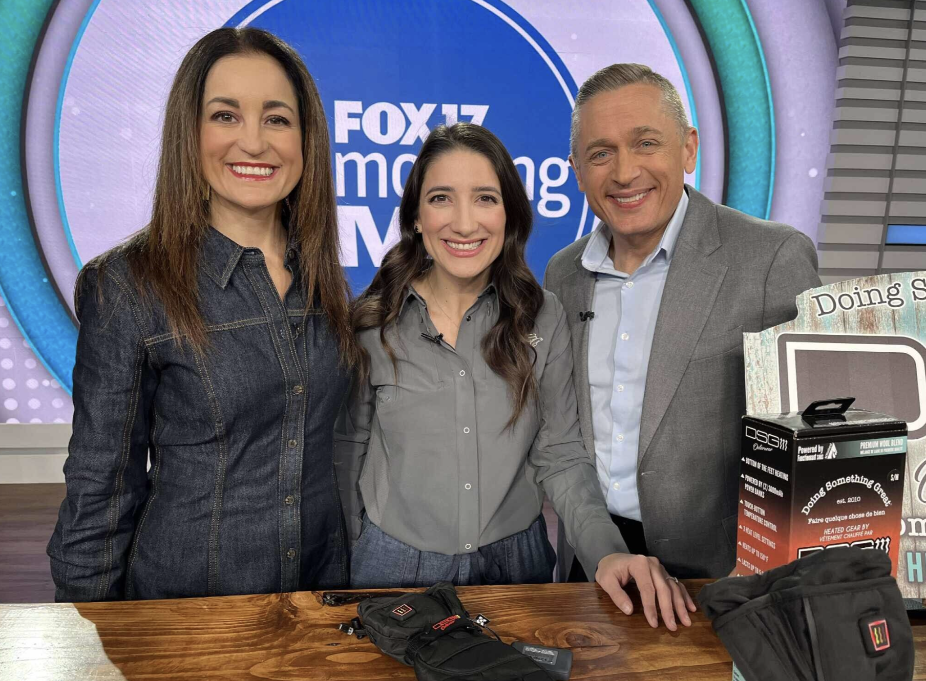 Hosts from FOX 17 Morning Mix on set for a prepared stocking stuffer gift guide with Emily Richett