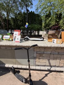 scooters and products on a news set
